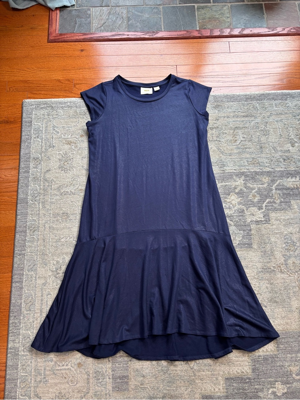 Maeve Navy Shimmer Cap-Sleeve Midi Dress with Flounce Hem Large Petite